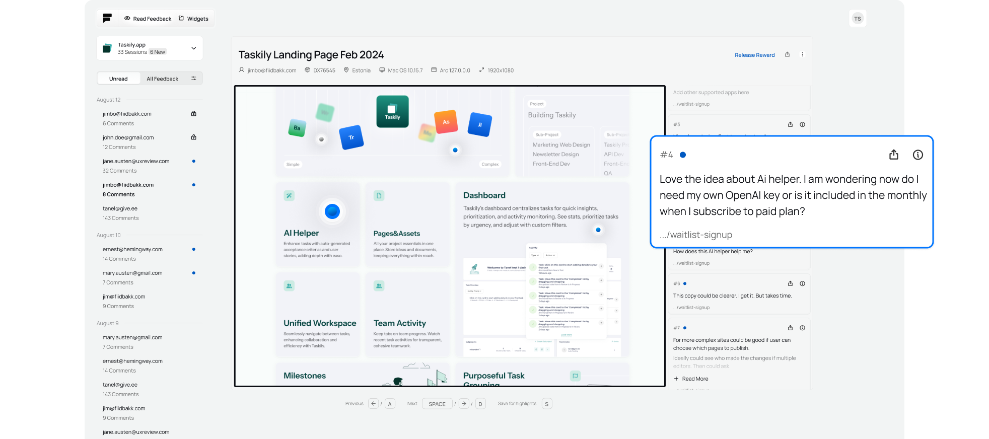 Website feedback collection for marketing managers